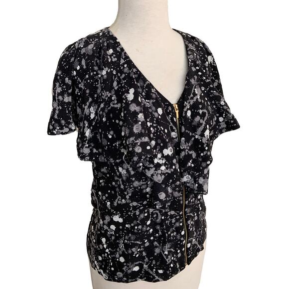 Tory Burch Blouse Top Black Paint Drip 100% Silk Zip Up Flutter Sleeve Ruffled 2 - Picture 2 of 6